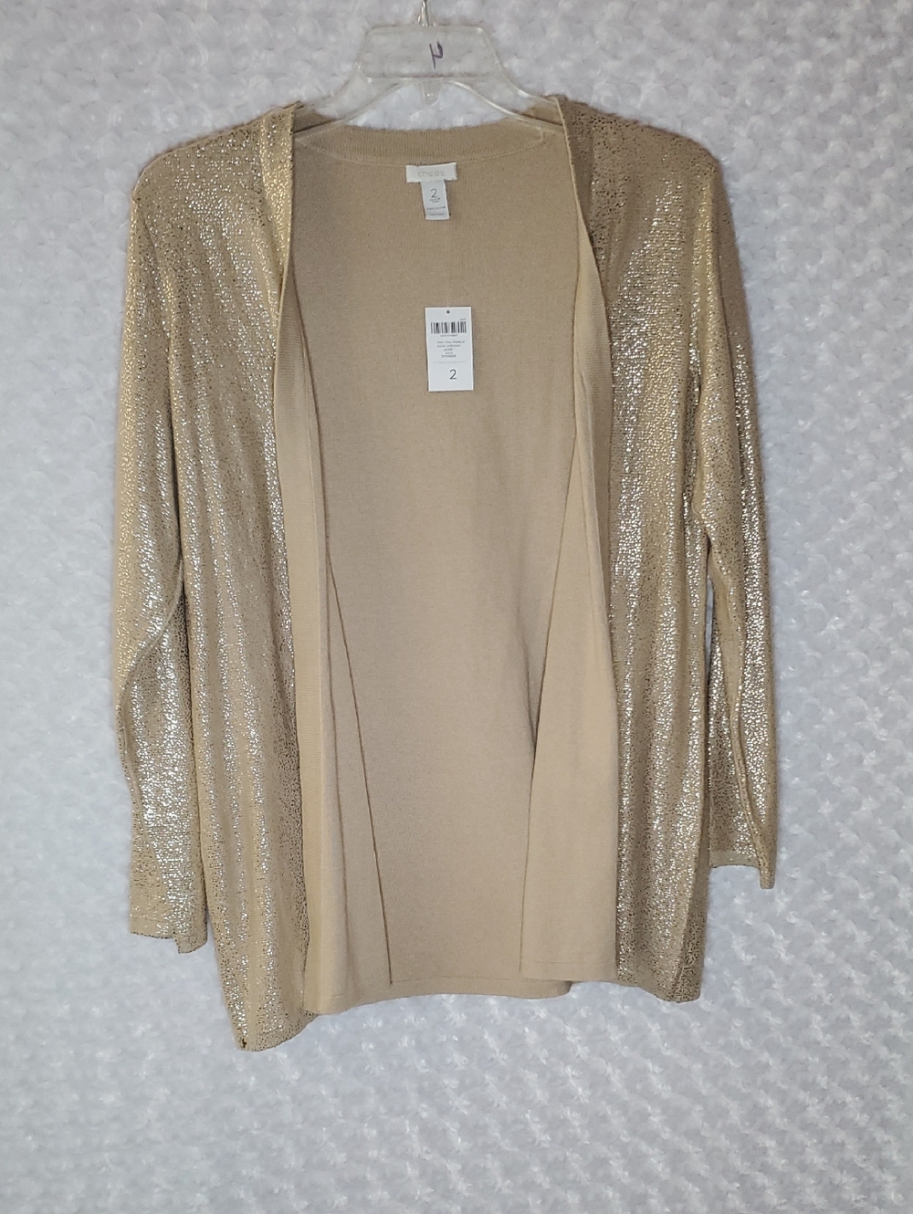 Chico's Shimmer Open-Front Cardigan in Gold Size 2 Same As LARGE